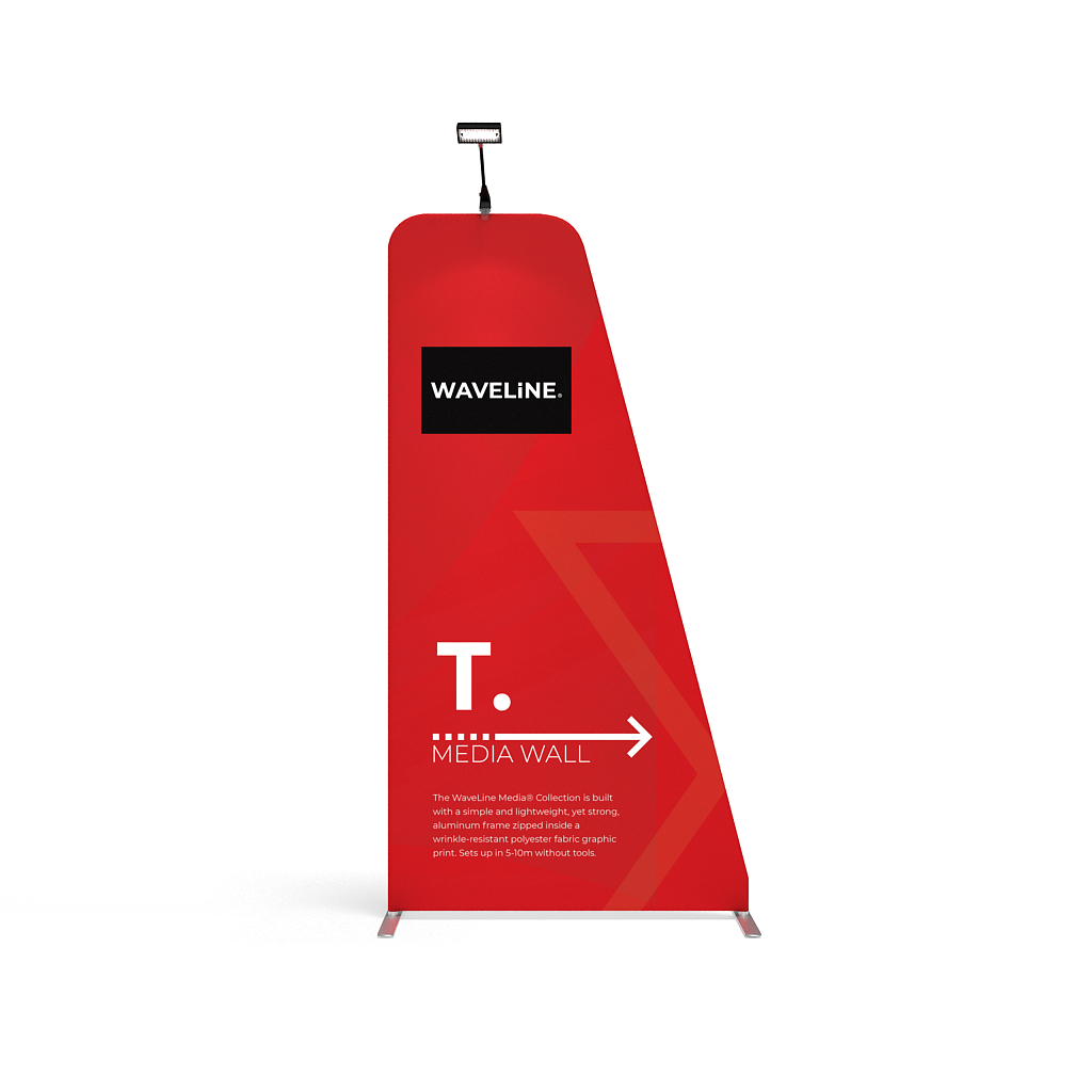 WaveLine Media Panel T trapezoid display with sample printed graphic