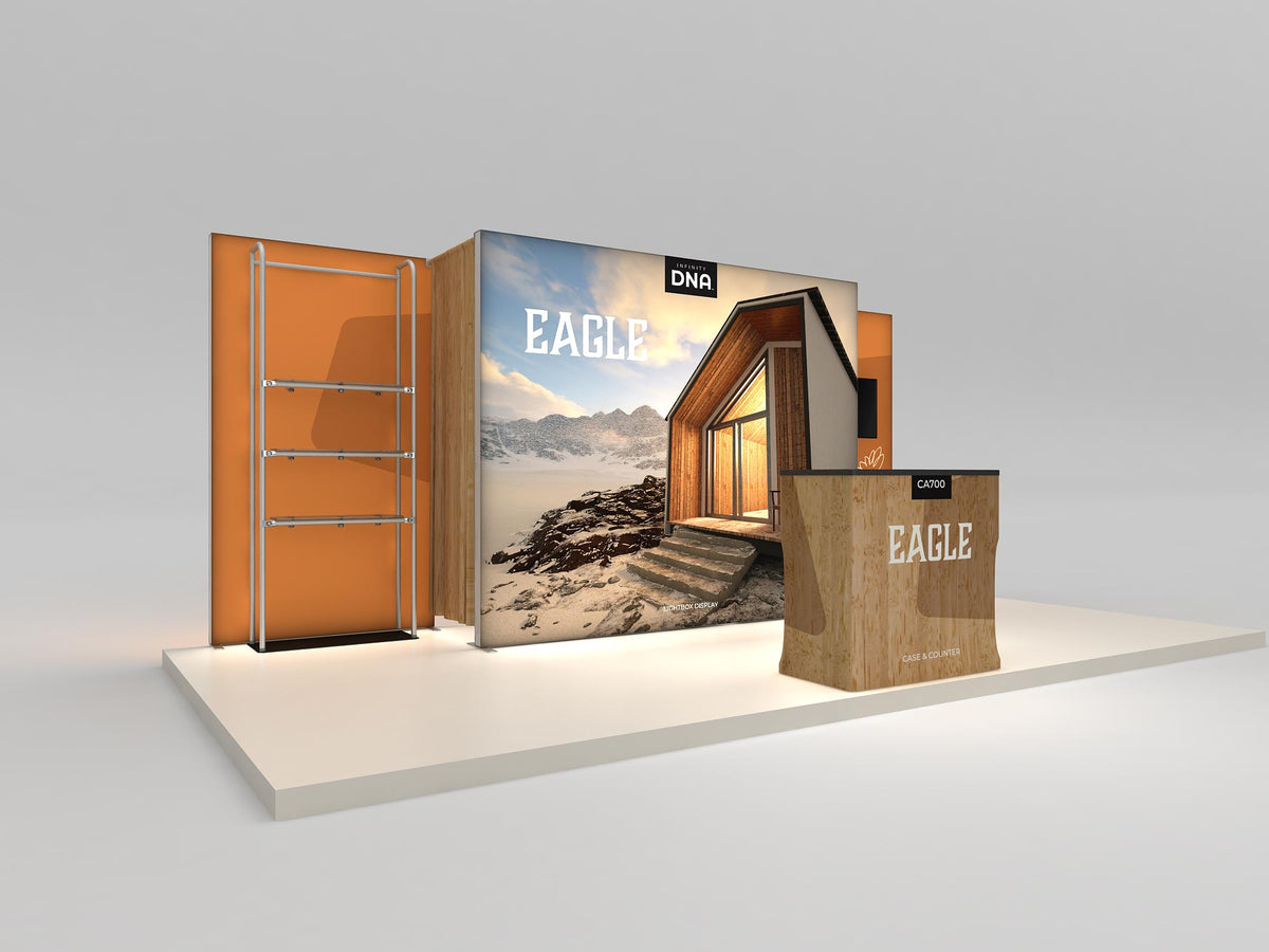 Eagle 10x20 backlit booth shown assembled with printed graphics — view 1