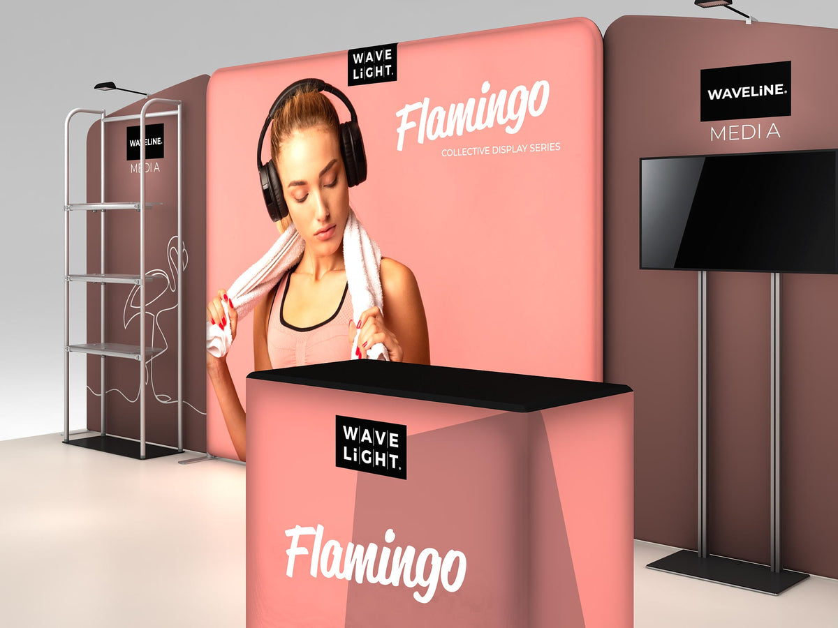 Flamingo complete display — counter and shelving detail; screen and flooring shown separately