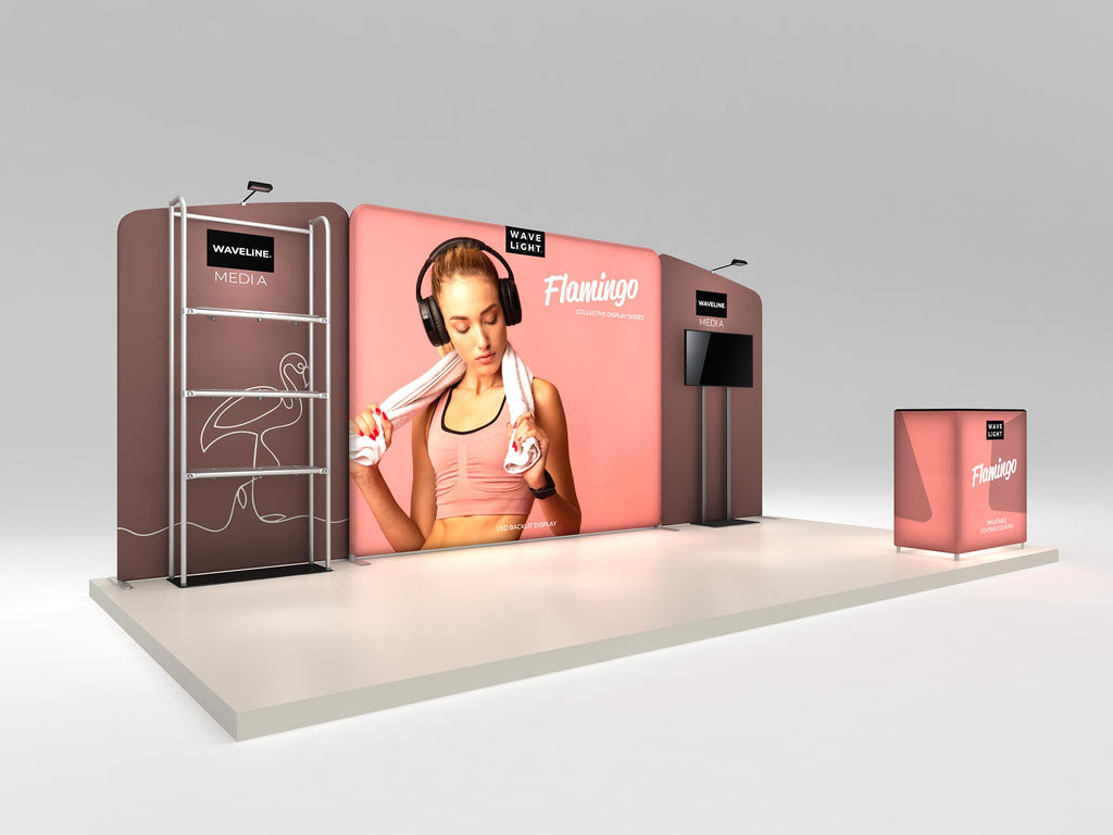 Flamingo complete display — angled overview; screen and flooring shown separately