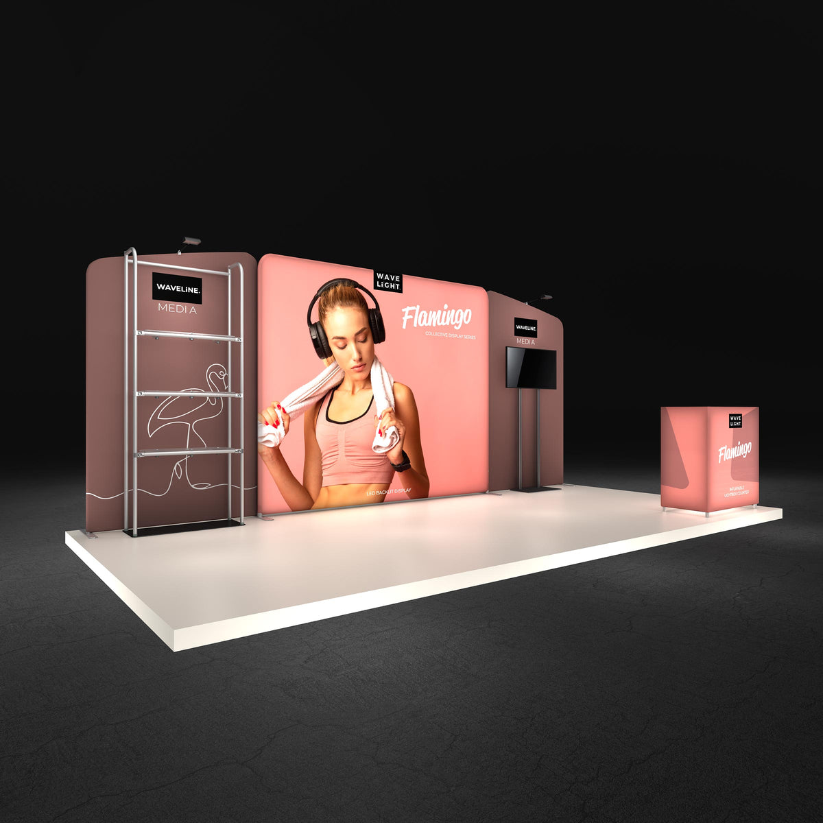 Flamingo complete display — illuminated event view; screen and flooring shown separately