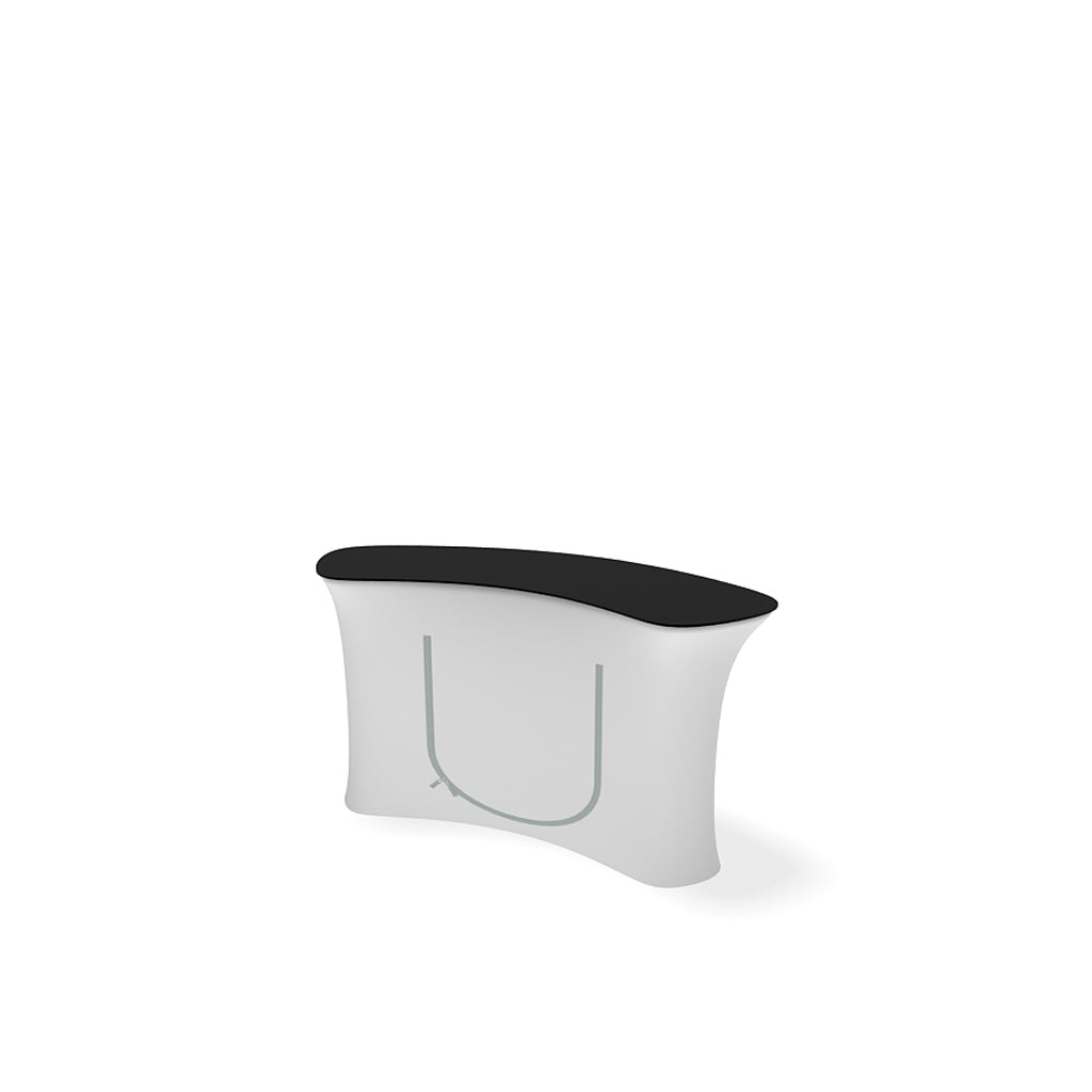 WaveLine InfoDesk 02CV curved counter showing printed fabric coverage