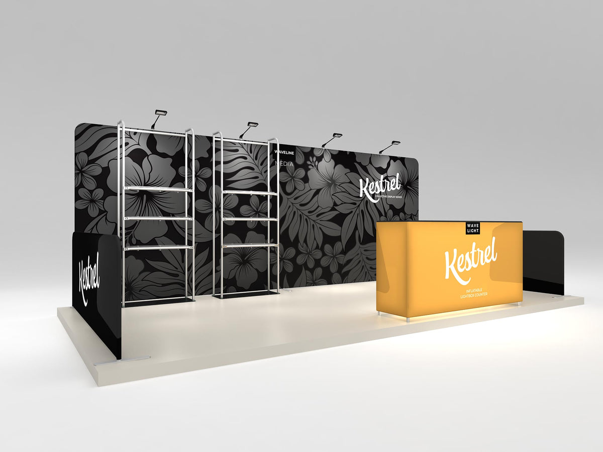 Kestrel 10x20 booth shown assembled with printed graphics — view 1