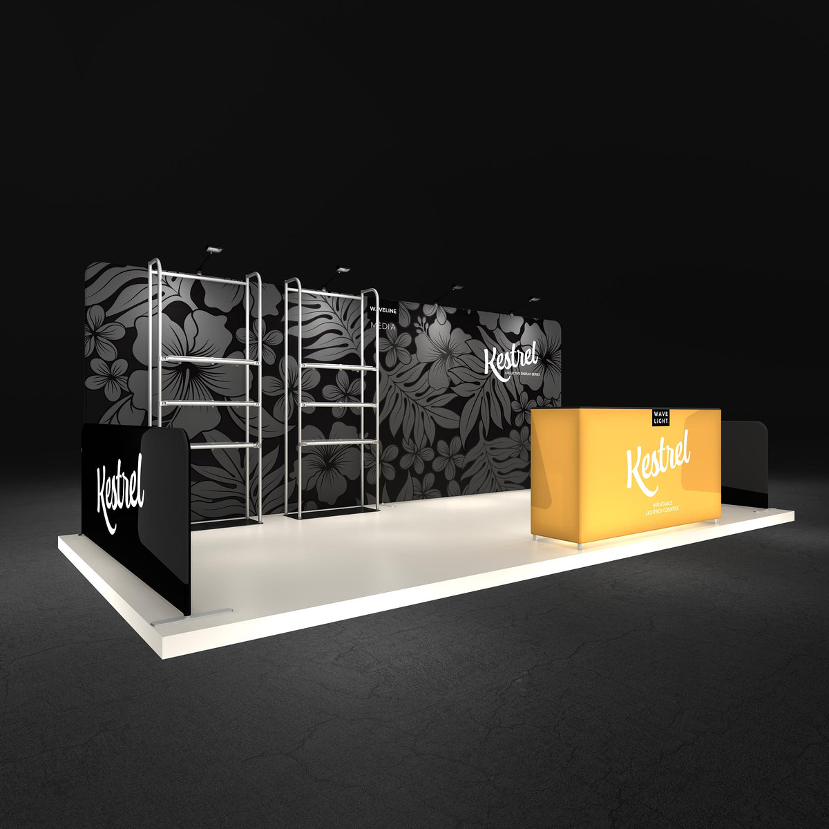 Kestrel 10x20 booth shown assembled with printed graphics — view 2