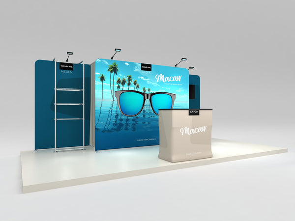 Macaw 10x20 booth shown assembled with printed graphics — view 1