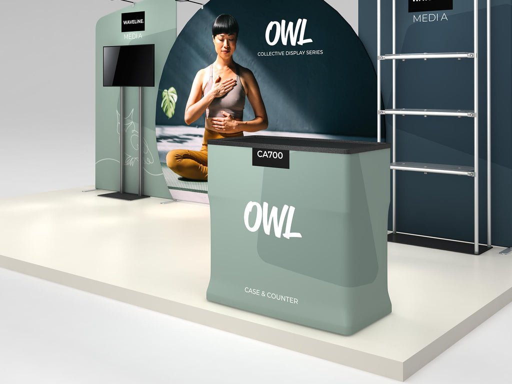 Owl complete display — counter and shelving detail; screen and flooring shown separately
