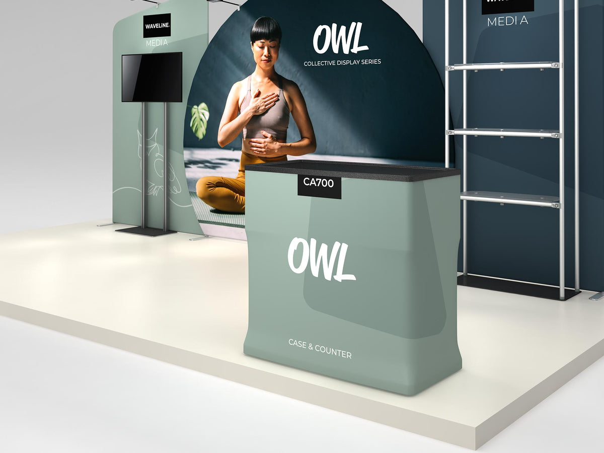 Owl complete display — counter and shelving detail; screen and flooring shown separately