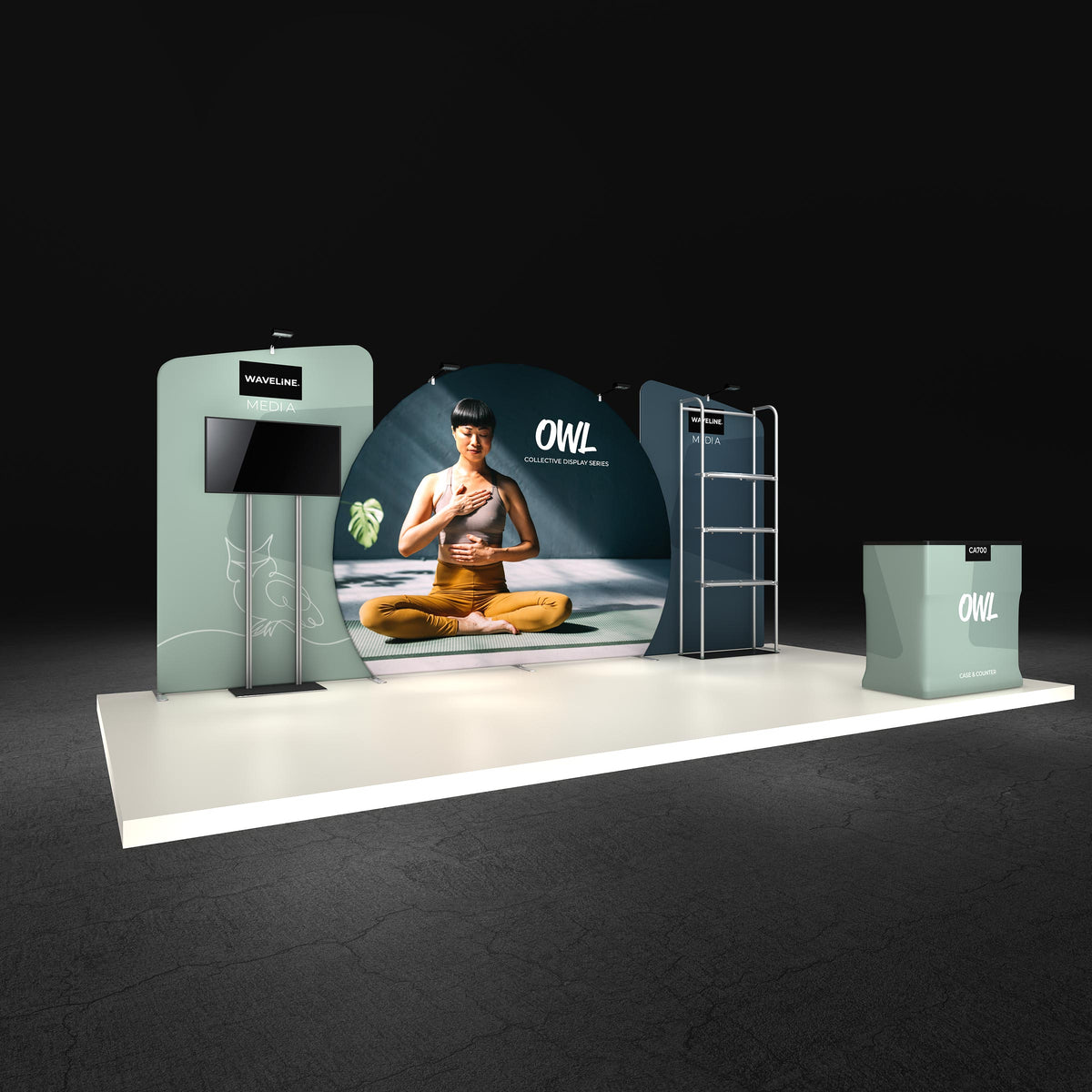 Owl complete display — illuminated event view; screen and flooring shown separately