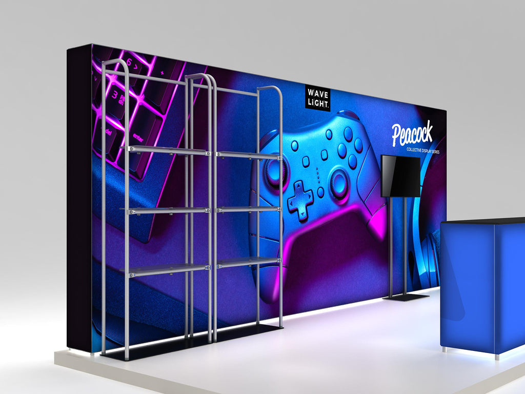 Peacock 10x20 backlit booth shown assembled with printed graphics — view 2