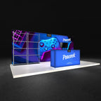 Peacock 10x20 backlit booth shown assembled with printed graphics — view 1