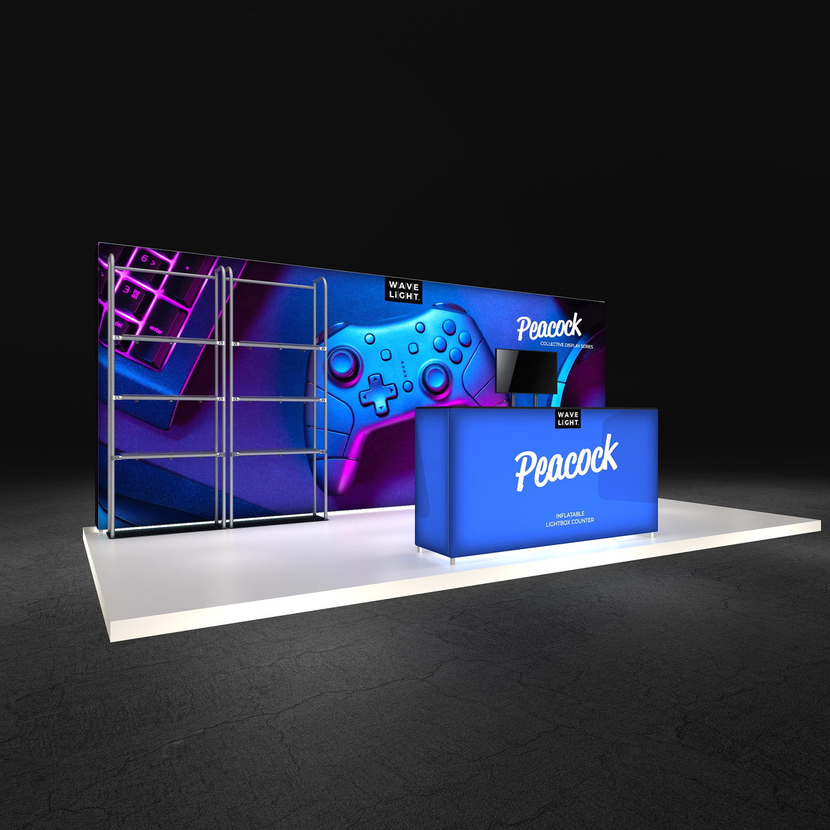 Peacock 10x20 backlit booth shown assembled with printed graphics — view 1