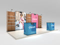 Pelican 10x20 backlit booth shown assembled with printed graphics — view 1
