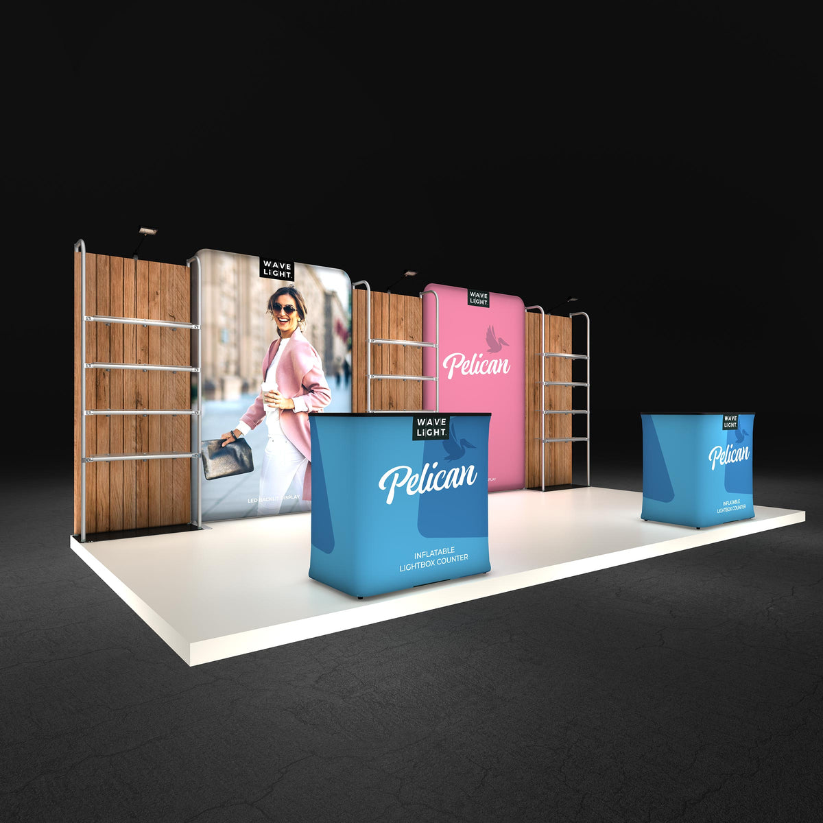 Pelican 10x20 backlit booth shown assembled with printed graphics — view 2