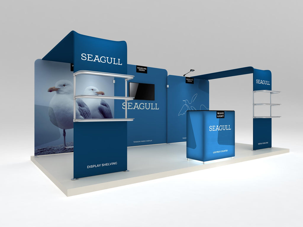 Seagull 10x20 booth shown assembled with printed graphics — view 1