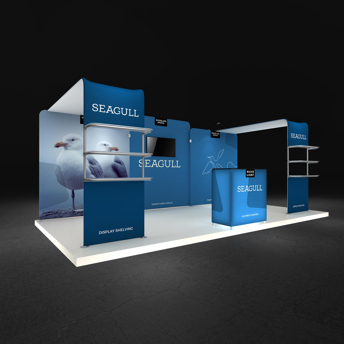 Seagull 10x20 booth shown assembled with printed graphics — view 2