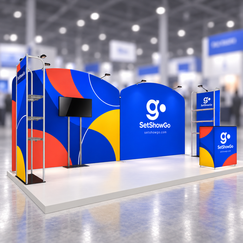 Cardinal 10x20 booth shown assembled with printed graphics — view 1