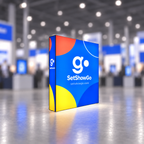 SetShowGo branded Casonara 10 ft backlit lightbox in a blurred trade show environment