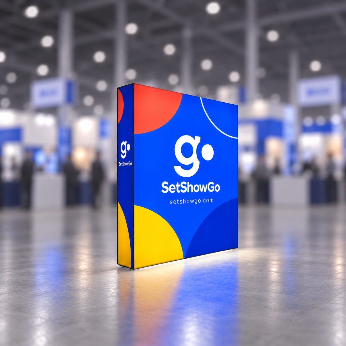 SetShowGo branded Casonara 10 ft replacement lightbox graphic in a blurred trade show environment