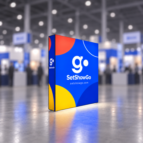 SetShowGo branded Casonara 10 ft replacement lightbox graphic in a blurred trade show environment