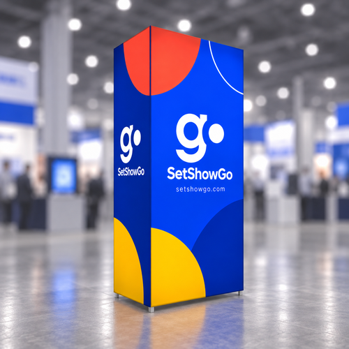 SetShowGo branded Casonara 10 ft backlit tower in a blurred trade show environment