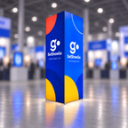 SetShowGo branded Casonara 10 ft tower graphics in a blurred trade show environment