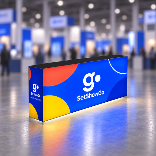 SetShowGo branded Casonara 116 inch counter graphic in a blurred trade show environment