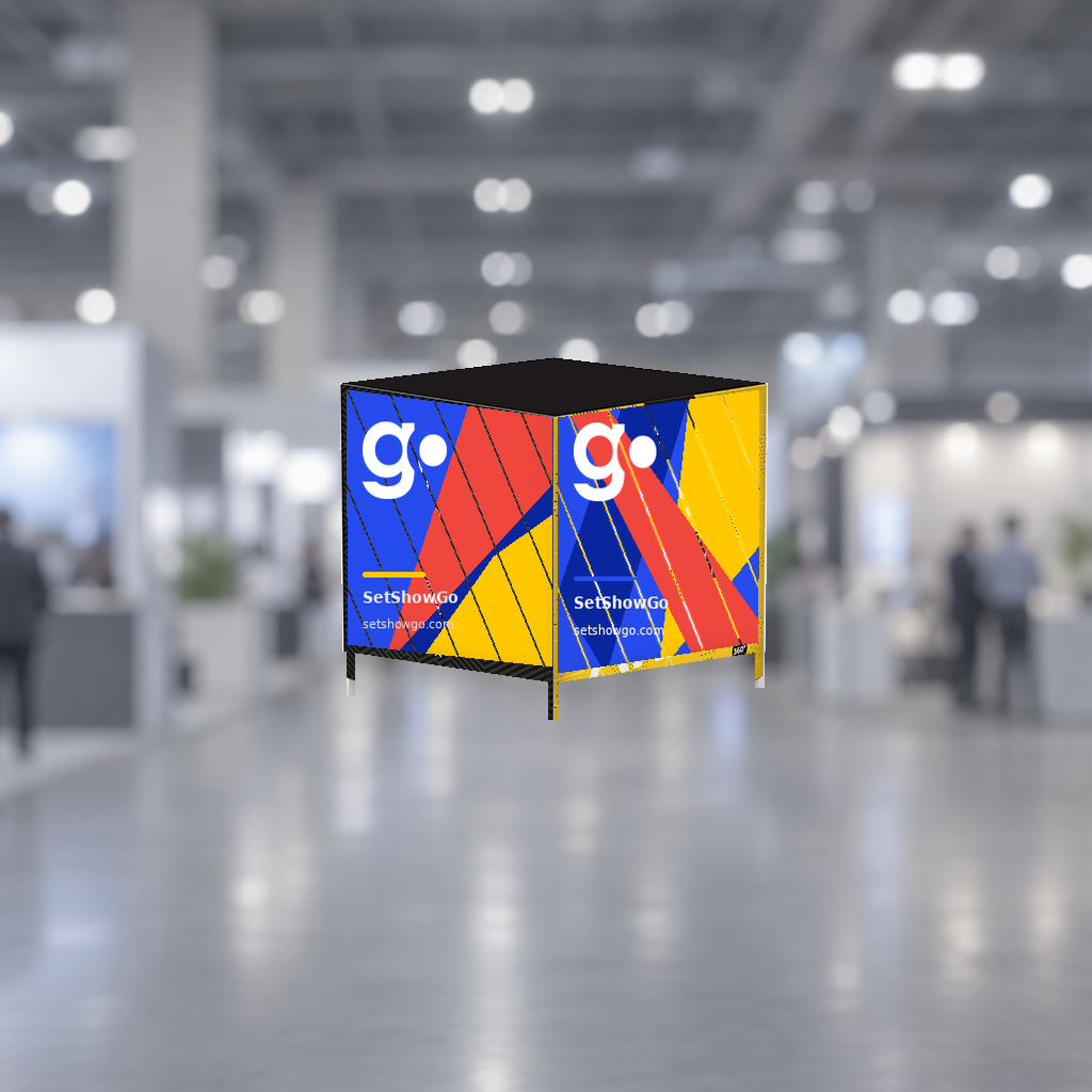 SetShowGo branded Casonara 40 inch square counter graphic in a blurred grey trade show environment