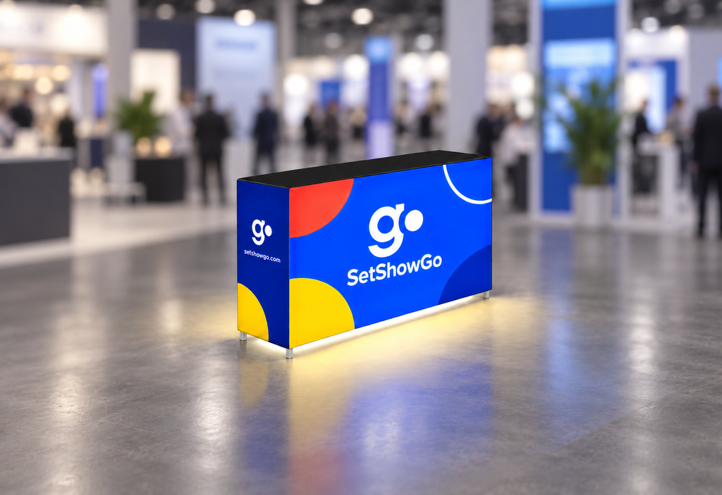 SetShowGo branded Casonara 78 inch counter graphic in a blurred trade show environment
