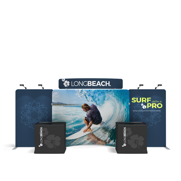 WaveLine Media E10CE 20 ft curved center display shown assembled with printed graphics — view 1