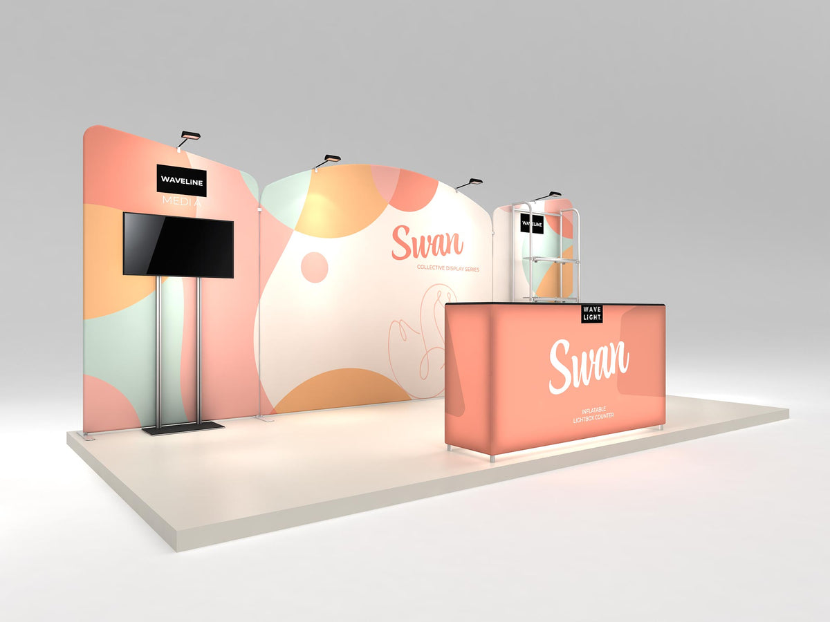 Swan 10x20 booth shown assembled with printed graphics — view 1