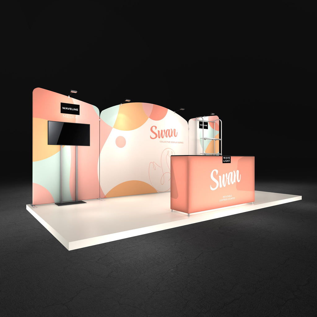 Swan 10x20 booth shown assembled with printed graphics — view 2