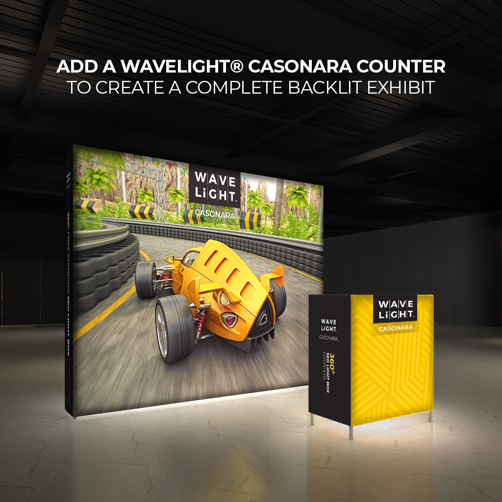 Casonara 10 ft SEG Lightbox replacement fabric graphic shown installed on the compatible frame; frame and hardware are not included — view 2